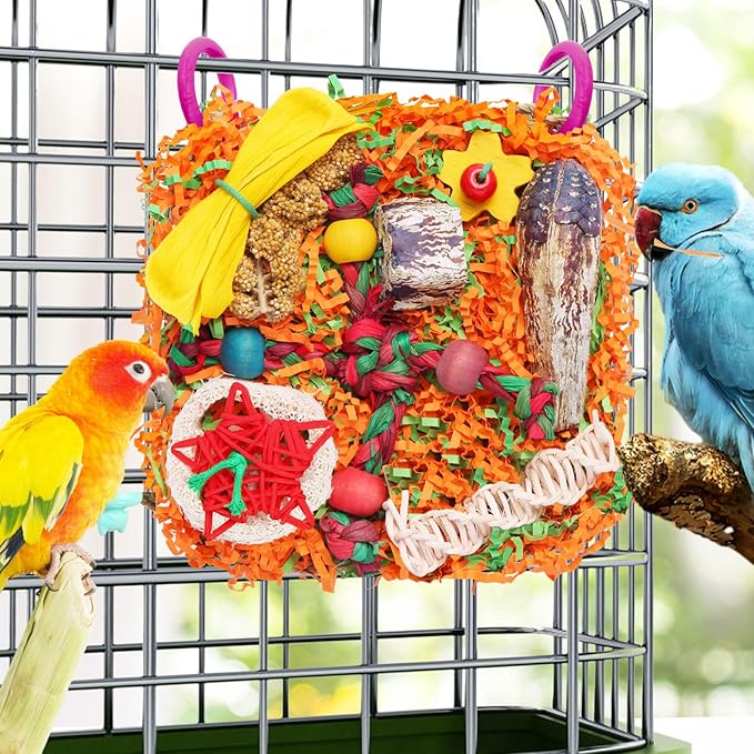 Bird Toys for Small & Medium Parrots - Natural Foraging & Shredding Cage Hanging Toys with Seagrass Mat, Starfruit, Loofah Slices for Budgies, Cockatiels, Lovebirds, Conures (1 PCS)