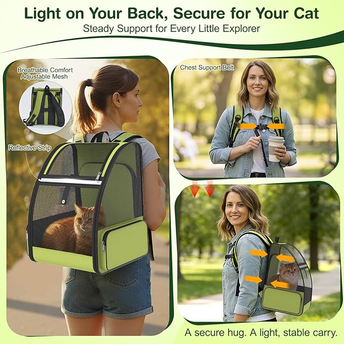 Cat Backpack Carrier for Travel Hiking: Expandable Foldable Breathable Mesh Soft Sided Ergonomic Design Small Dog Puppy Kitty up to 15lbs Camping Outdoor Green