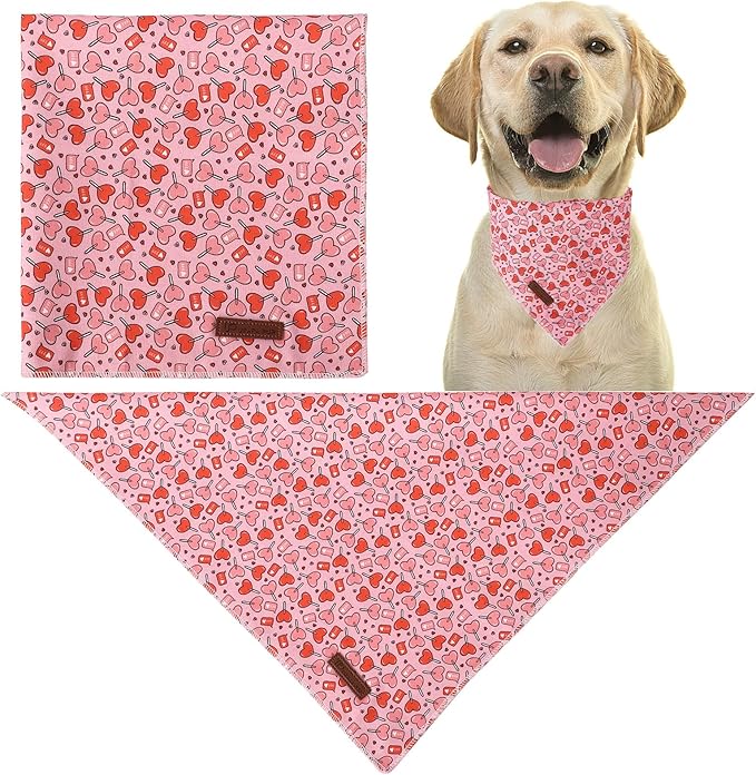 Valentine Dog Bandana - Pink Heart Triangle Bid Scarf for Small/Medium Dogs, Cats; Cotton Kerchief for Girl/Boy Pets, Red, Cute Adorable Puppy Bandana
