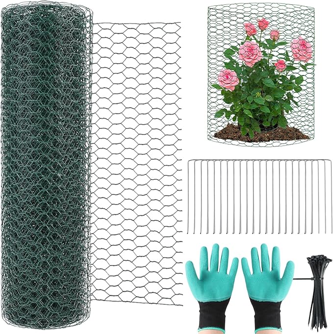 CIEOVO 32.8ft × 15.74 inches Wire Plant Protector from Animals, Metal Mesh Plant Cage Covers Rustproof Wire Plant Cages 30 U-Stakes 100 Ties for Plants Keeping Bunnies Chicken Birds Chicken Duck Out