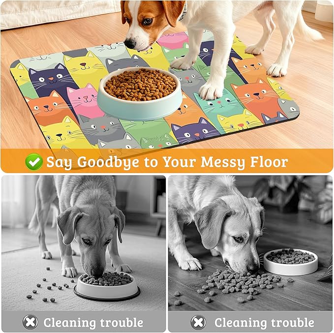 Cute Colorful Cats Dog Food Mat, Absorbent Pet Feeding Mat for Food and Water Bowl,Quick Dry Dog Placemat Non Slip Rubber Backing Waterproof Pet Supplies 12" x 20"