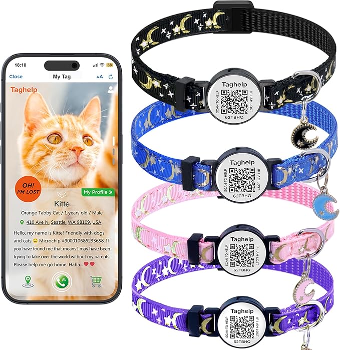 The Ultimate QR Code Pet ID Collar 4-Pack | Breakaway Adjustable Cat Collars with Secure Online Profile | Never Lose Your Cat with Cute Moon & Stars Design (Star & Moons - 4 Pack)