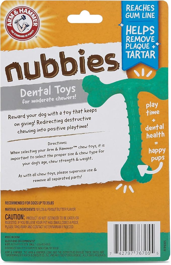 Arm & Hammer Nubbies T-Bone Dental Dog Chew Toy with Peanut Butter Flavor, Textured Chew Toy Designed to Help Clean Teeth and Support Oral Care for Dogs Up to 35 lbs - 2 Pack
