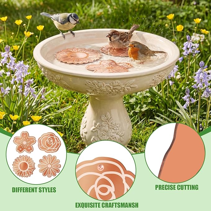 4 Pack Bird Bath Copper Disk Bird Bath Purification Disk with Triple-Point Support 99.99% Pure Copper Water Cleaner for Outside Bowl, Physical Safe Clean Water (Flowers)