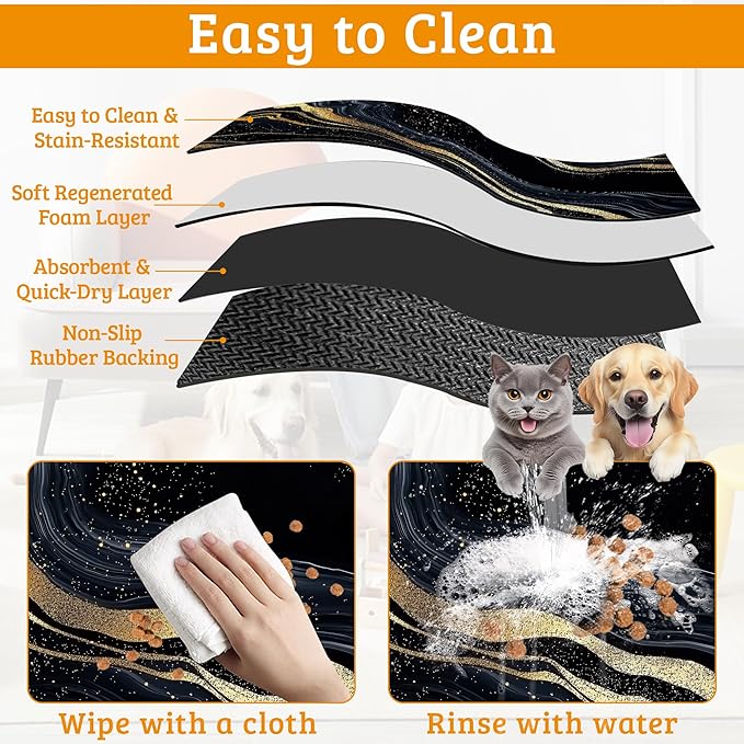 Dog Bowl Mat,Abstract Marbled Pet Feeding Mat for Floors Waterproof,Gold Black Absorbent Dogs Placemat for Food and Water Quick Dry Pet Cat Feeding Mats with Non Slip Bottom 16" x 24"