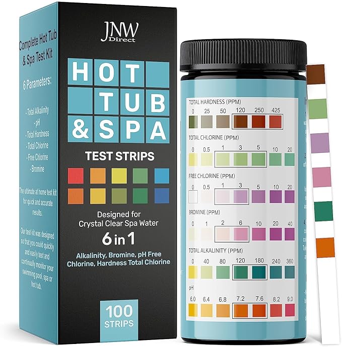 Hot Tub and Pool Test Strips - 6in1 Quick & Accurate Hot Tub, Spa, Pool Test Strips - 100 Water Test Strips, Water Test Kit with E-Book - Test Chlorine, Bromine, pH, Hardness, Alkalinity - JNW Direct