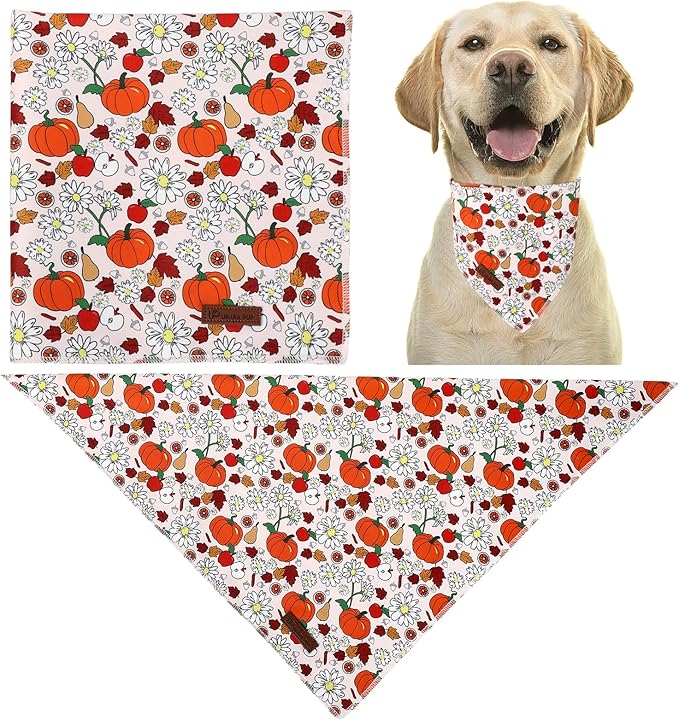 Fall Dog Bandana – Beige Pumpkin Floral Triangle Scarf for Small Medium Large Dogs, Soft Cotton Pet Bib for Autumn Thanksgiving, Adjustable Dog Kerchief for Seasonal Daily Wear