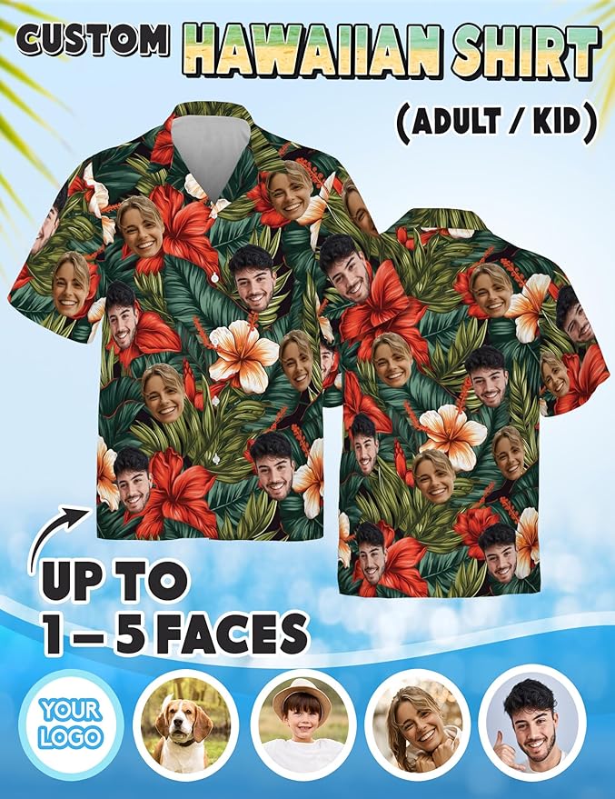 Custom Hawaiian Shirt with Face Photo Picture for Men Women Kids Youth Adult, Tropical Personalized Hawaiian Shirts Gift