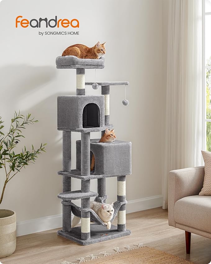 Feandrea Cat Tree, 59.5-Inch Tall Cat Tower, Plush Multi-Level Condo with 5 Scratching Posts, 2 Perches, 2 Caves, Hammock, 2 Pompoms, Light Gray UPCT192W01