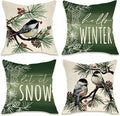 Fahrendom Hello Winter Green Decorative Throw Pillow Covers 18 x 18 Set of 4, Chickadee Pine Needle Branch Porch Patio Outdoor Pillowcase, Christmas Pine Cone Red Berry Sofa Cushion Case Home Decor