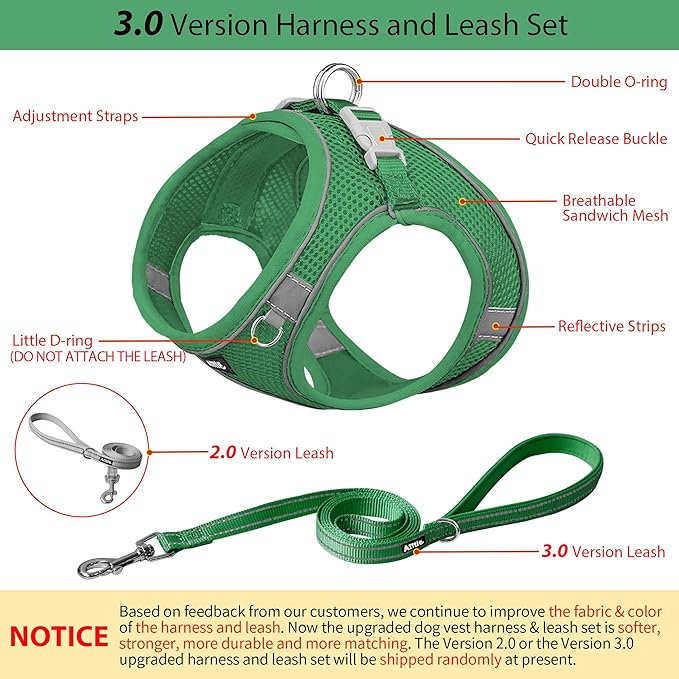 AIITLE Step in Dog Harness and Leash Set - No Pull Escape Proof Vest Harnesses with Soft Mesh and Reflective Bands, Adjustable Pet Outdoor Harnesses for Small and Medium Dogs Green M