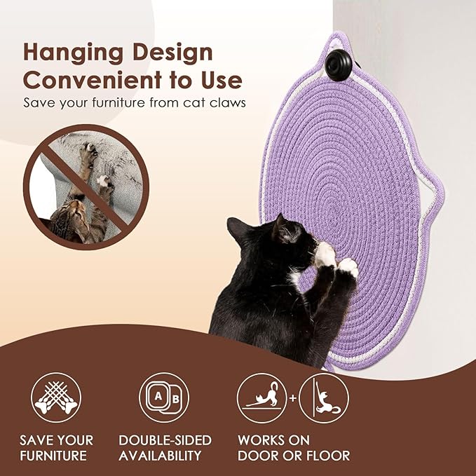 Cat Scratcher Mat, Natural Cotton Rope Cat Scratch Pad, 15.7'' Round Horizontal Floor Cat Scratching Pads for Indoor Cats, Cat Furniture Protector for Wall, Couch, Carpets, Sofas, Purple