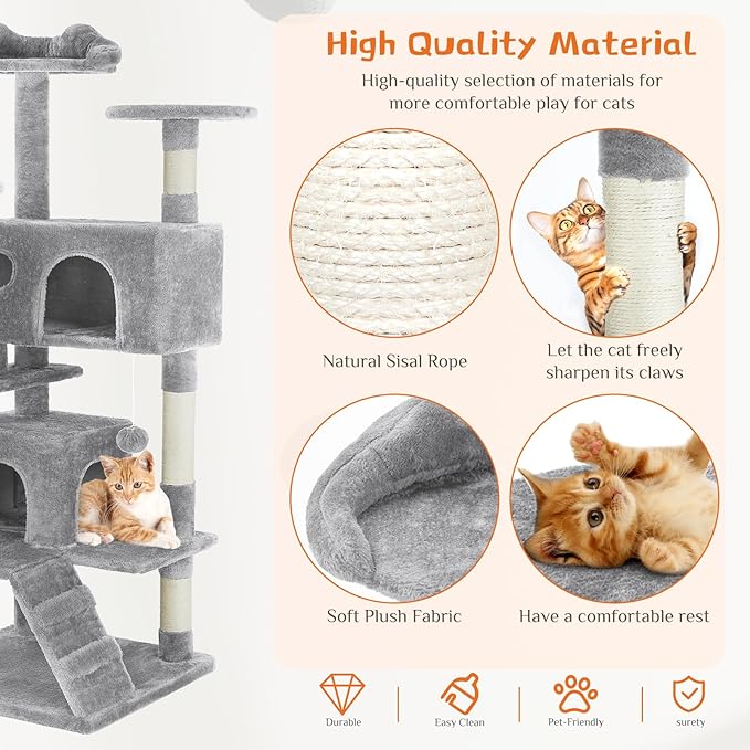 Sweetcrispy 54 Inch Cat Tree Tower, Multi-Level Tower with Cat Scratching Post, Indoor Cat Condo with Climbing Ladder, Plush Toy, Play House for Cat, Light Grey