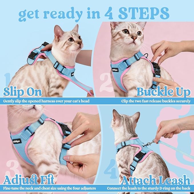 rabbitgoo Cat Harness and Leash for Walking, Escape Proof Soft Adjustable Vest Harnesses for Cats, Easy Control Breathable Reflective Strips Jacket, Light Blue&Pink, M