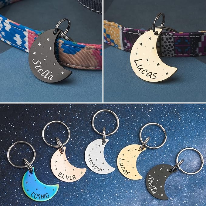 Anavia Small Size Dog Cat ID Tags, Small/XS Personalized Color Plated Stainless Steel Puppy Kitten Name Tags, Customized Engraved Nameplate Pet Collar Tag (Silver, Moon)