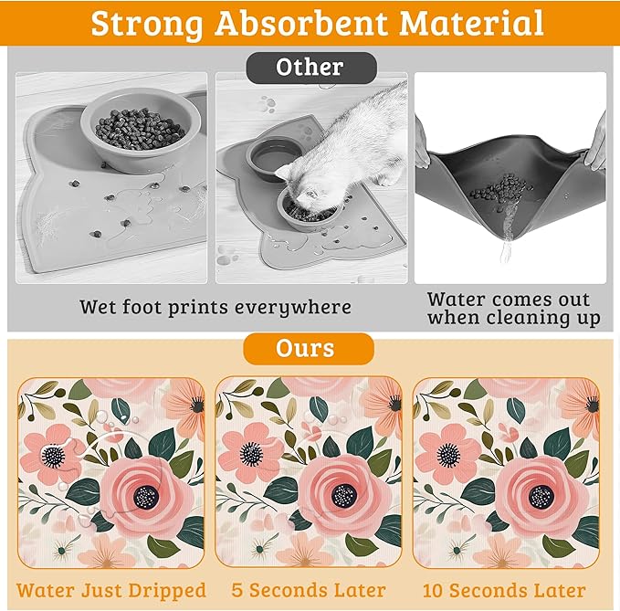 Dog Bowl Mat,Blooming Flowers Pet Feeding Mat for Floors Waterproof,Peonies Roses Absorbent Dogs Placemat for Food and Water Quick Dry Pet Cat Feeding Mats with Non Slip Bottom 12" x 20"