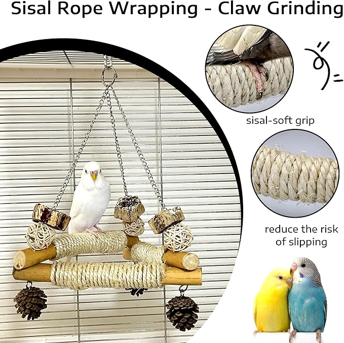 Bird Swing for Cage with Chew Toys, 3 Sisal-Wrapped Parrot Perches & Stable Triangle Design, Wooden Hanging Parakeet Toys Swing for Cockatiel Lovebirds Conures Quaker Balance Training (S)