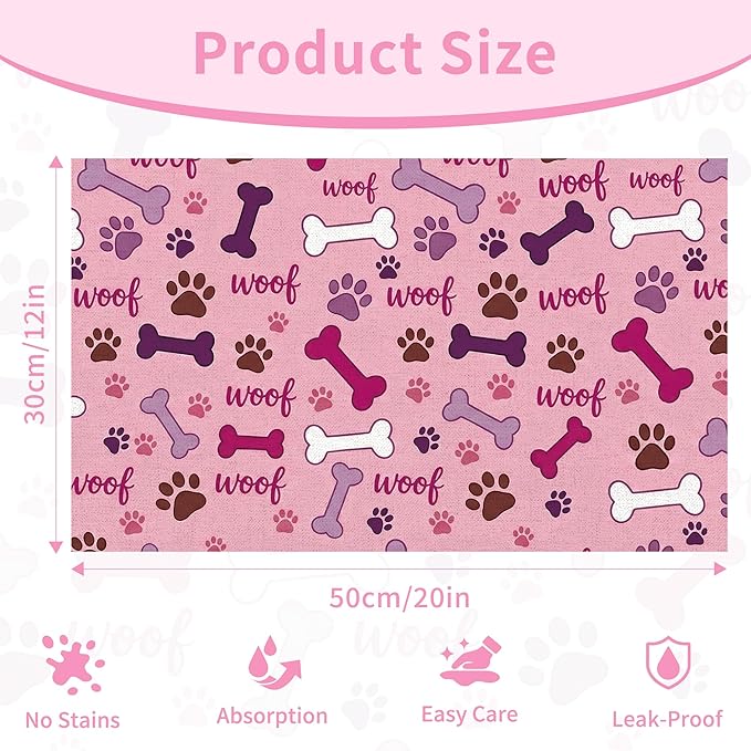 Dog Feeding Mat 20 x 12 Inch, Pink Paw Bone Woof Dog Placemat Absorbent Quick-Dry for Food and Water, Waterproof Non Slip Rubber Pet Bowl Pad Mat for Floors