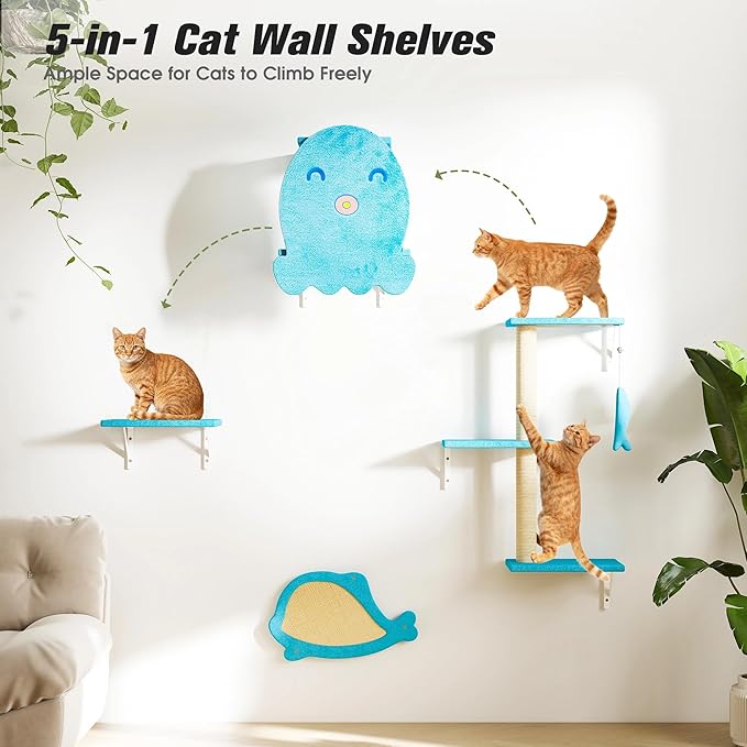 COZIWOW 4-Piece Wall-Mounted Cat Tree Set – Sturdy Wood Pet House, Scratching Board, Platforms, Sisal Posts & Blue Fish Charm – Ocean Blue