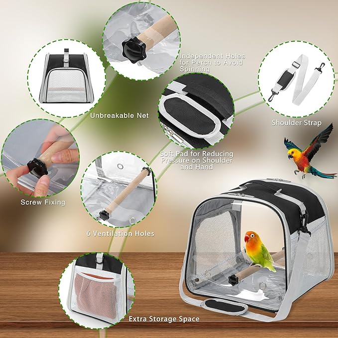 Suertree Small Bird Carrier, Large Window Travel Cage with Stand and Easy Clean Tray for Parrot Parakeet Cockatiels, Lightweight and Portable, Black