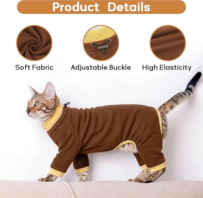 PUMYPOREITY Cat Hair Sticky Sweater, Recovery Suit - Breathable & Lightweight for Post-Surgery Protection, Cat Onsie Prevents Licking Wounds, Brown, 2XL
