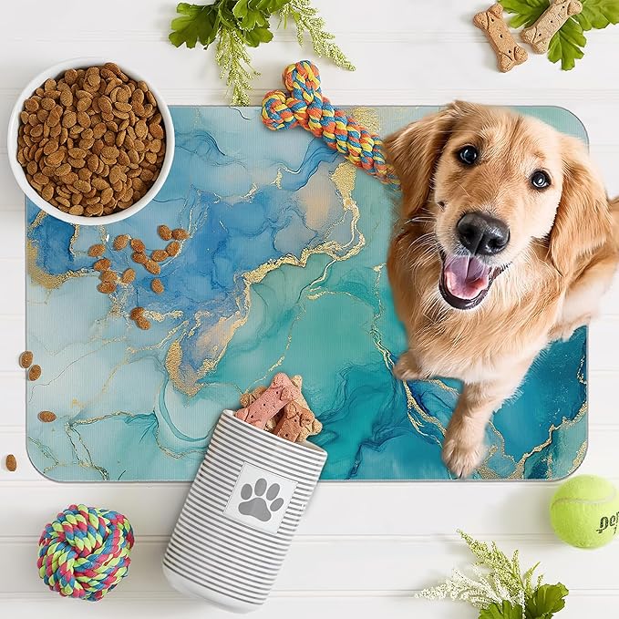 Marble Dog Cat Food Mat,Blue Teal Turquoise Gold Absorbent Pet Feeding Mat with Rubber Backing,Non-Slip Water Bowl Placemat,Indoor Pet Accessories Supplies 16"x24"