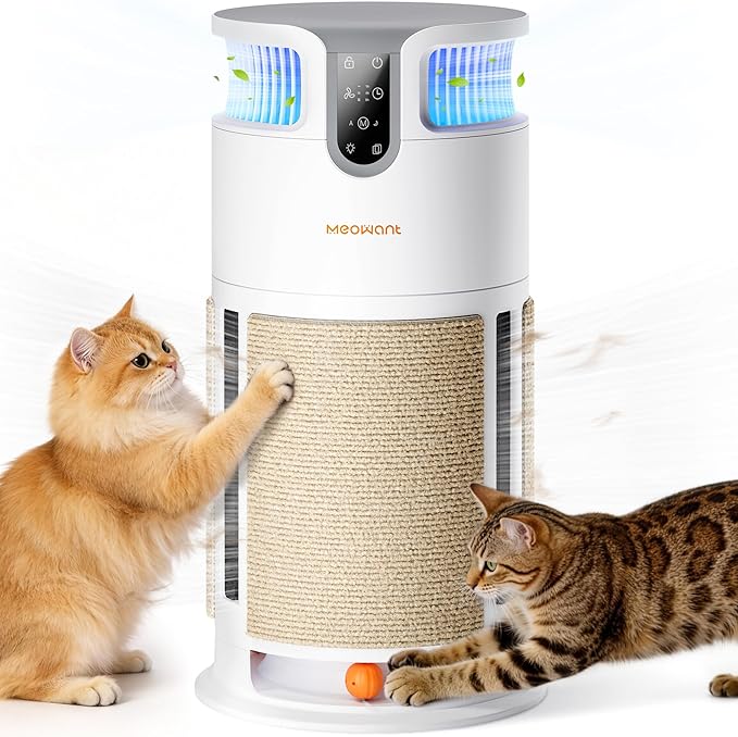 Meowant Air Purifier for Home, Pet Air Purifier 360°Air Intake & Air Outlet for Large Room, 4-in-1 H13 HEPA Filter Up to 3900 Ft² Air Cleaner for Pet Hair Dander Odors with Cat Scratch Board