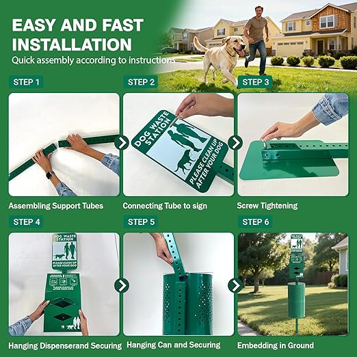 POCHAR Dog Waste Station Outdoor, Aluminum Rustproof Pet Poop Station with 600 Waste Bags & 50 Can Liners, Dog Park Equipment with Sign & Lid - Pet Poop Disposal System for Backyard