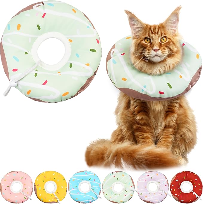 Cat Cone Collar Soft, Waterproof Cat Recovery Collars Spay Cones to Stop Licking Cute Donut E Collar After Surgery Anti-Lick Wound Healing Safety Elizabethan Collar for Kittens (Donut Green, Large)
