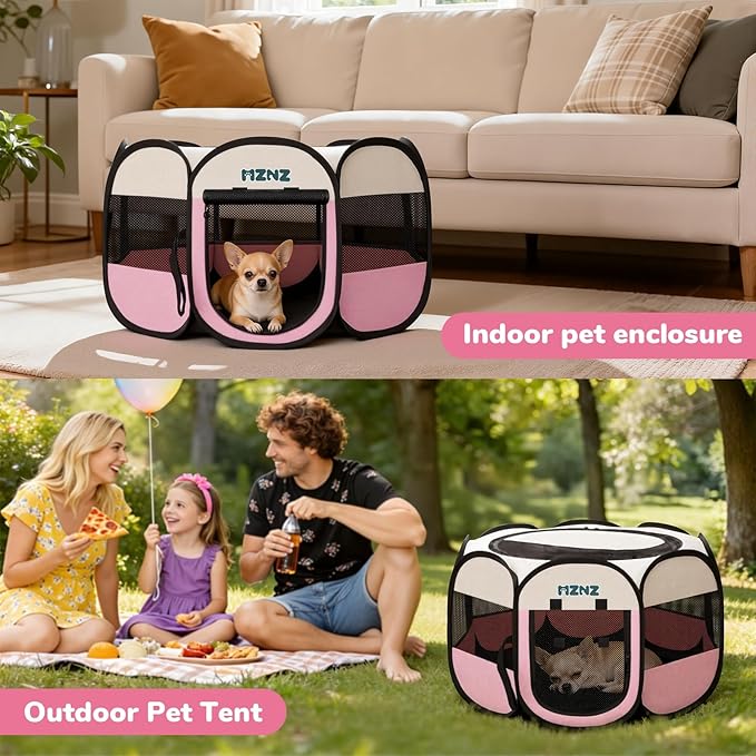 Dog Cat Playpen, Portable Puppy Pet Crate Indoor for Small Dogs Cats Rabbits, Foldable Dog Cage Enclosure for Outdoor, Pop Up Dogs Tent Kennel with Carrying Case, Pink