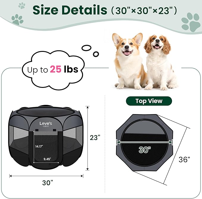 Love's cabin Pet Puppy Dog Playpen, Medium Dog Tent Crates Cage Indoor/Outdoor, Portable Playpen for Cat, Foldable Pop Up Dog Kennel Playpen with Carring Case, Removable Zipper Top, Dark Grey