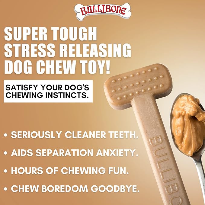 Bullibone Nylon Dog Chew Toy for Aggressive Chewers - Dental Hygiene Bone with Peanut Butter Flavor, Durable Tough Chew Toys for Large Dogs, Indestructible Dog Bone - 2 Pack