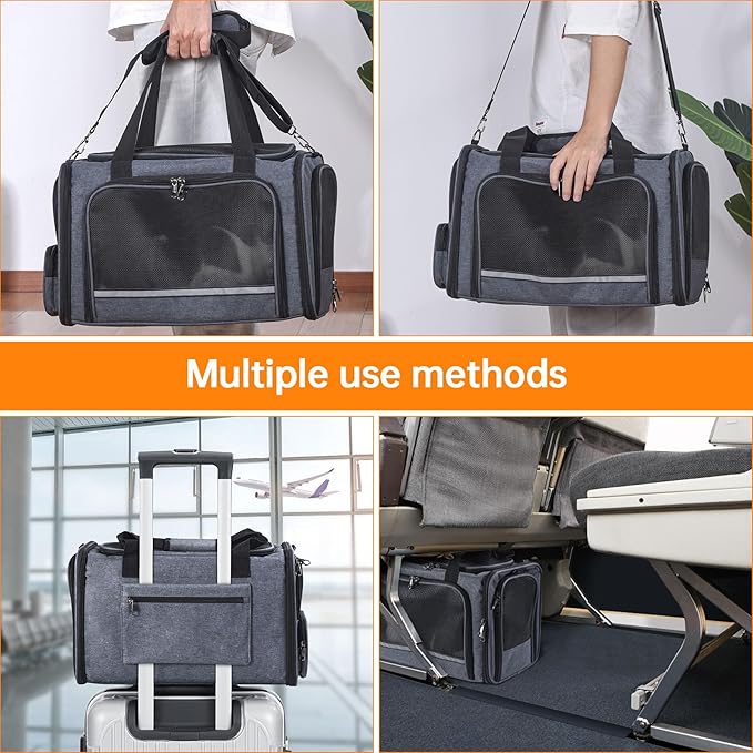 Cat Carrier Pet Travel Carrier by Airplane Approved Under seat, TSA Airline Approved Soft-Sided Dogs Carrier Bag for cat,Dogs,17.5 x 8.5 x 11 inches,Grey