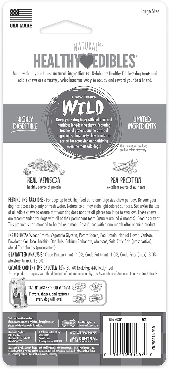 Nylabone Healthy Edibles WILD Natural Longer-Lasting Chew Treats, Venison Flavor, Large Dogs Up to 50 lbs - Made in USA (1 Count)