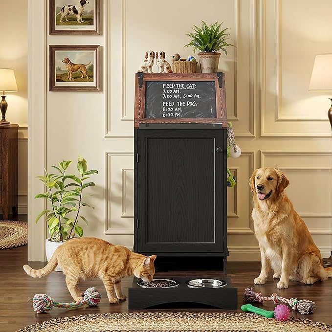 Dog Food Feeding Station with Storage, Pet Food Storage Cabinet with Bowls and Flip-Top Blackboard, Hidden Trash Can, Pet Organizer Cabinet for Dog and Cat, Black