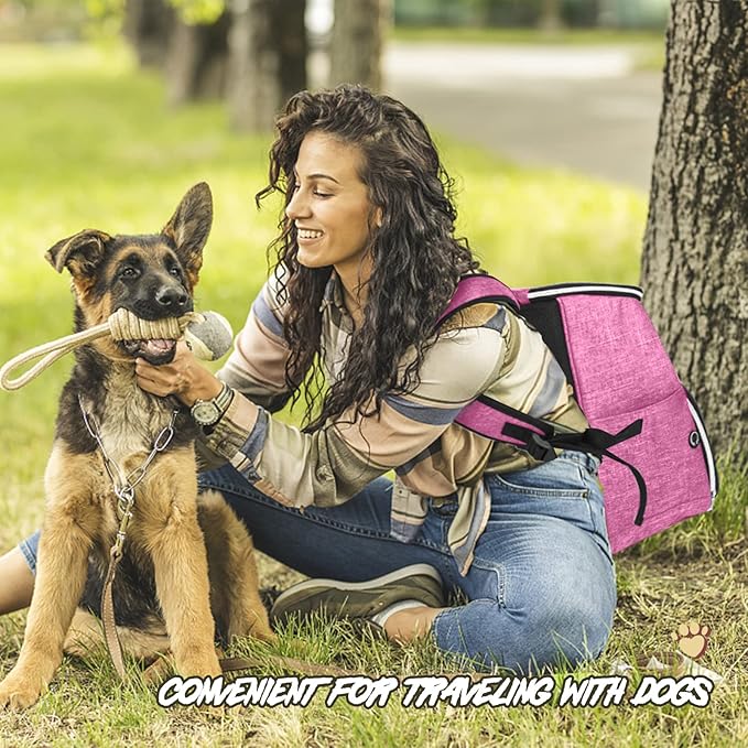 BAGLHER丨Dog Travel Bag Backpack, Airline Approved Pet Supplies Backpack, Dog Travel Bag with 2 Silicone Collapsible Bowls and 2 Food Baskets Pink