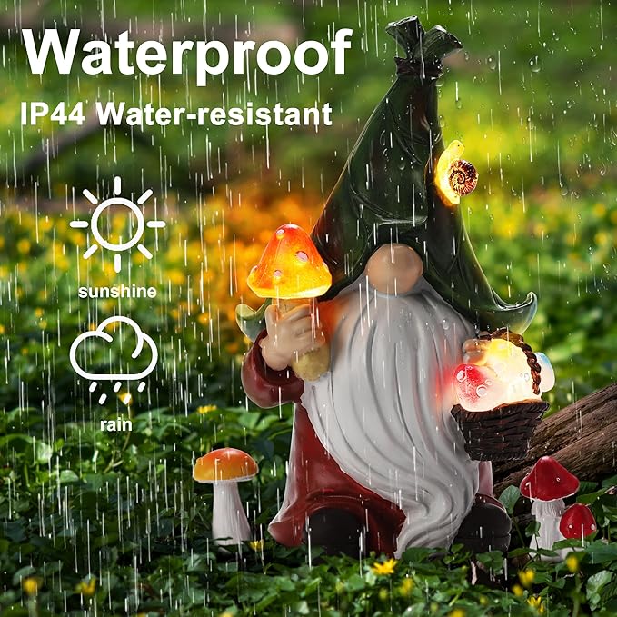 Mushroom-Picking Gnome Solar Garden Statue with 3 LED Lights, Set with 1 Gnome and 2 Small Mushroom, Lovely Garden Gnome Set for Patio, Yard, Lawn Ornament, Outdoor Christmas Decor