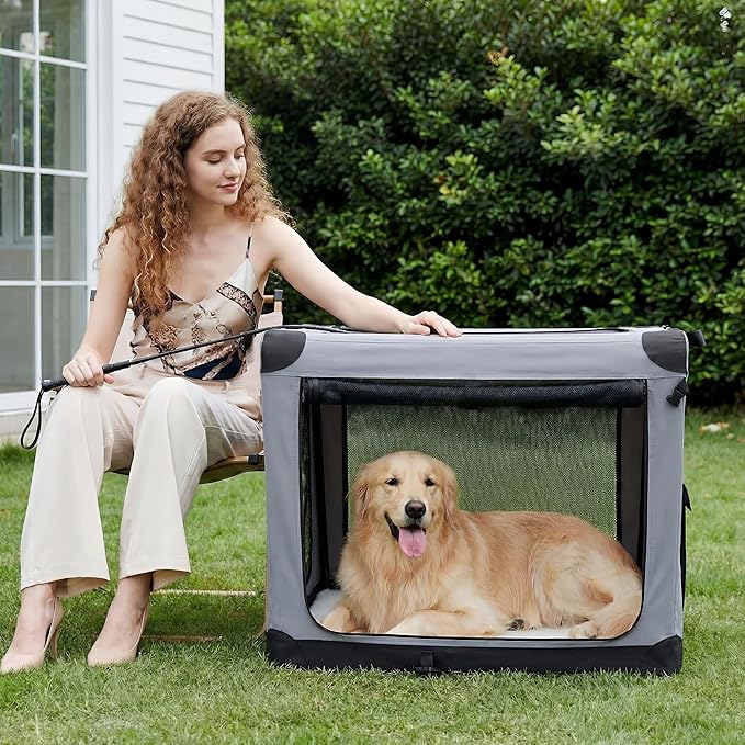 Dog Travel Crate 30 Inch, Portable Soft-Sided Travel Carriers for Dogs and Cats, Foldable Pet Kennel with 3-Doors Mesh Windows Indoor & Outdoor, Grey