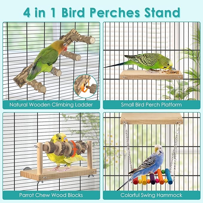 4 Pcs Bird Perch with Swing, Parrot Perches Platform with Chew Blocks, Natural Climbing Ladder Bridge Colorful Hammock for Budgies, Cockatiels, Lovebirds, Finches