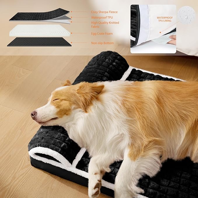 Orthopedic Jumbo Dog Bed Large Sized Dog with Pillow 56''X40'' Waterproof Soft Comfortable Egg Crate Foam Pet Crate Beds Mat with Removable Washable Cover and Non-Slip Bottom, Black