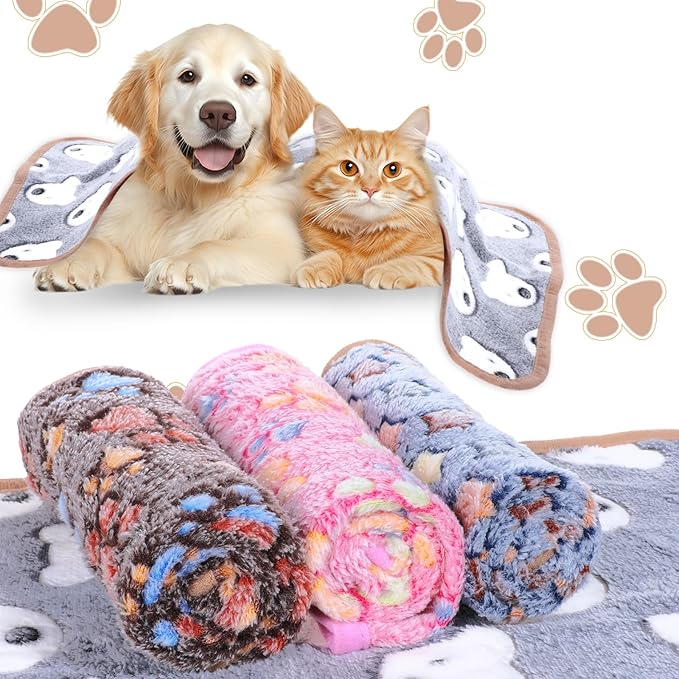 12 Pcs Dog Blanket Pet Paw Print Fleece Blanket Cat Soft Warm Sleep Mat Guinea Pig Cage Liners Small Medium Whelping Pet Essentials for Pet Grooming Shop Girl Boy Puppy