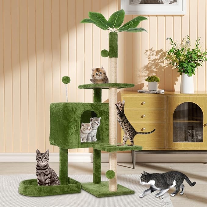 52in Multi-Level Cat Tower with Sisal Scratching Posts, Hidden Cave & Perch Platform, Large Cat Condo for 1-3 Cats, Eco-Friendly Pet Furniture with Realistic Leaves, Green