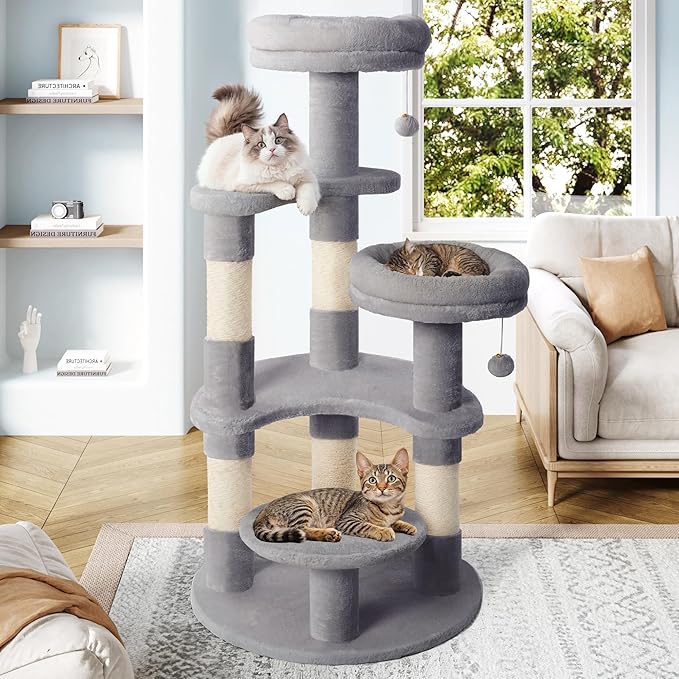 Allewie 55.5 in Cat Tree for Indoor Kitties/Soft Plush Perches/Multi-Level Cat Tower/Sisal Scratching Posts/Crescent Plates/Round Jumping Board/Hanging Ball/Pet Activity Center/Grey