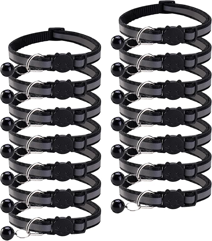 14 Pack Breakaway Cat Collar with Bell, Reflective Kitten Collar for Girl Boy Cats, Safety Buckle Adjustable 7.5-12.5 Inch, 0.4 Inch Width Lightweight, Pet Gifts (Black)