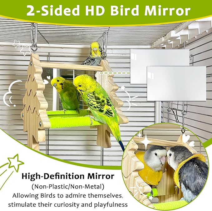 Bird Mirror Toy Perch, 2-Sided Hd Parakeet Mirrors & 2 Cotton-Wrapped Perches for Multiple Birds, Wooden Frame Hanging Parrot Swing for Cage, Safe No Sharp Edges Bird Toy for Budgie Lovebird Cockatiel
