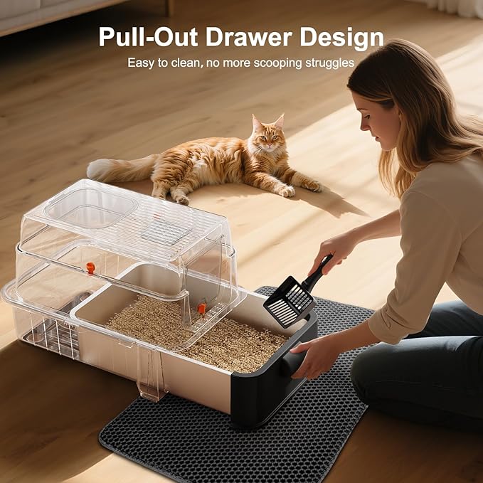 FURTIME Stainless Steel Litter Box with Lid, XL Extra Large Cat Litter Box for Big Cats, Enclosed Drawer Metal Litter Boxs with High Sided, Include Scoop & Mat, Front & Top Entry, Odor Free, Non-Stick