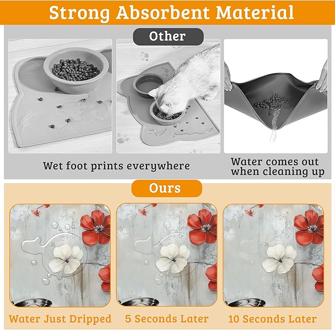 ButterflyFlowers Dog Cat Food Mat,Red White Absorbent Waterproof Placemat for Food and Water Non Slip Rubber Backing Durable Feeding Pad for Clean Floors 12" x 20"
