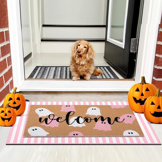 Tinideya 2 Pcs Door Mat Welcome Non Slip Coir Mats Floor Layering Doormats Seasonal for Front Porch Entryway Decor(Pink White Ghost)