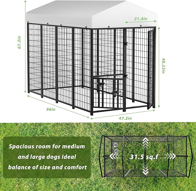 LOVMOR Outdoor Dog Kennel with Roof, Heavy Duty Steel Dog Run Enclosure for Medium Dogs, Waterproof Canopy, Double Latch Door, Adjustable Feeding Bowls, Pet Pen for Yard and Patio, 8’L x 4’W x 5.6’H
