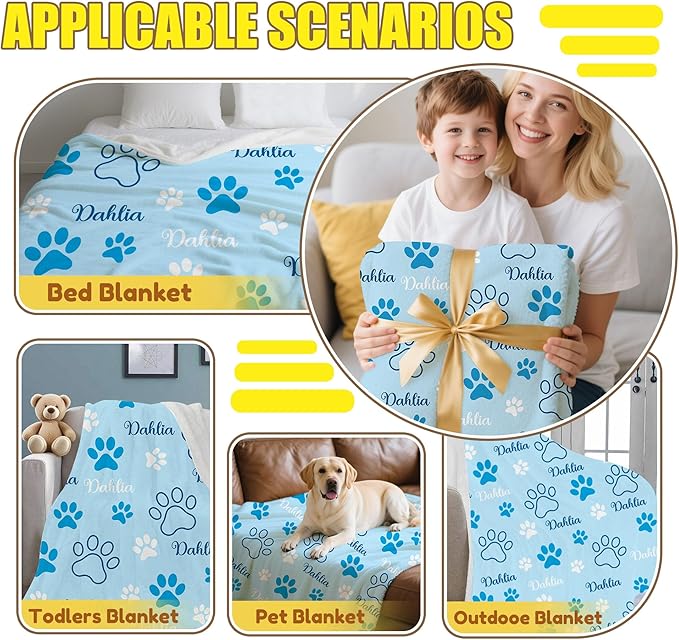 Personalized Paw Print Dog Blanket with Pet Name Face-Custom Puppy Blankets with Picture for Dogs-Customized Dog Memorial Throw Fleece Blanket-Loss of Pets Supplies Sympathy Gift for Bed Sofa Travel
